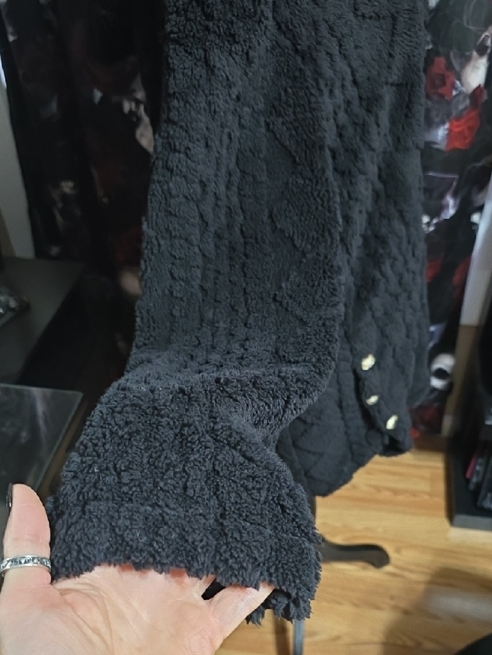 Fluffy Black Button-Up Women's Hooded Cardigan Sweater - Picture 2 of 6